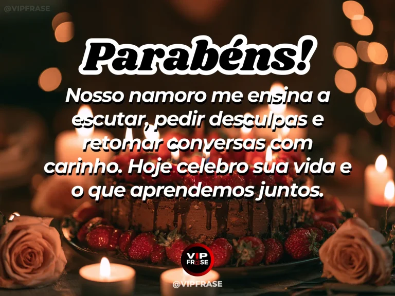 Mensagem de aniversário para namorada sobre o amor que aprende a ter paciência, em cena colorida de ambiente romântico iluminado.