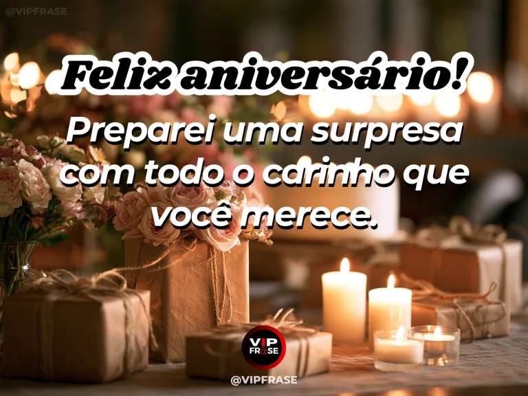 Mensagem de aniversário para namorada sobre o carinho de preparar sua surpresa, com elegant wrapped birthday surprise gift with coral roses and soft pink ribbons in sunlight.