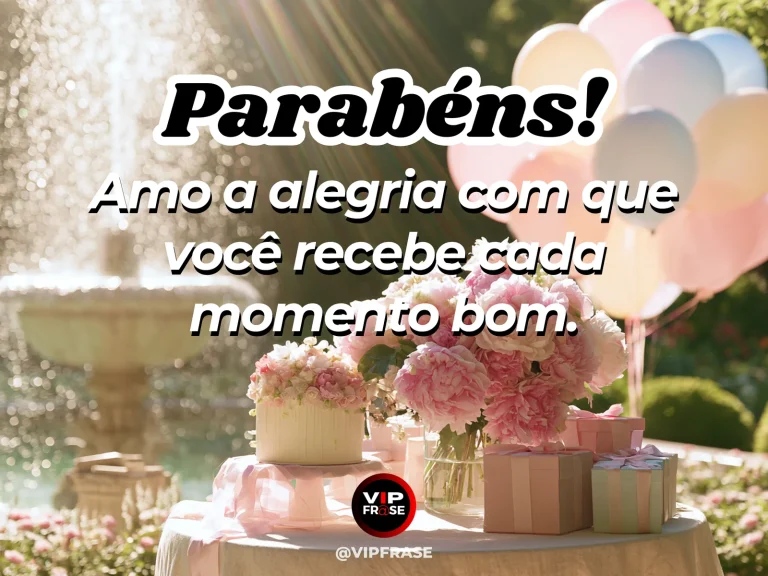 Mensagem de aniversário para namorada sobre seu jeito de celebrar a vida, com vibrant colorful pastel birthday balloons and elegant cake in a lush sunlit garden.
