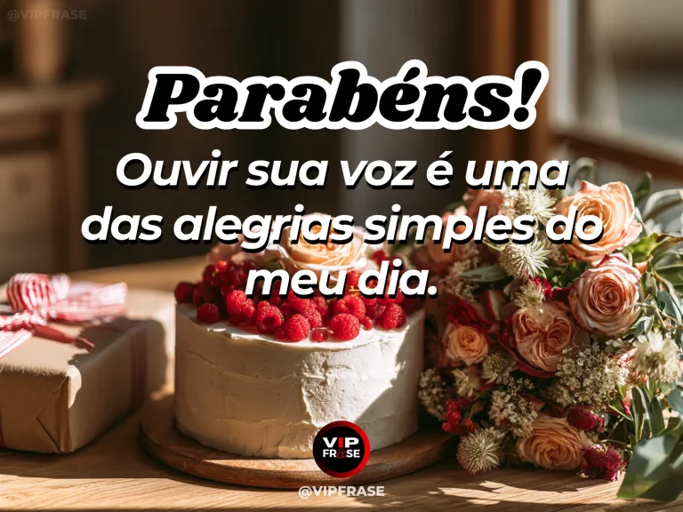 Mensagem de aniversário para namorada sobre sua voz no meio da rotina, em cena colorida de ambiente romântico iluminado.