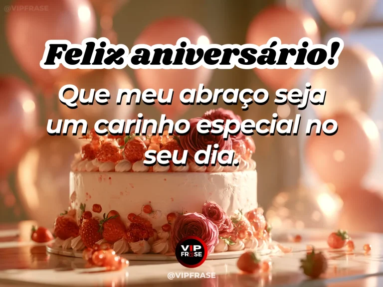 Mensagem de aniversário para namorada sobre um carinho para começar a festa, com warm festive birthday flowers and a petite cake with airy colorful balloon background.