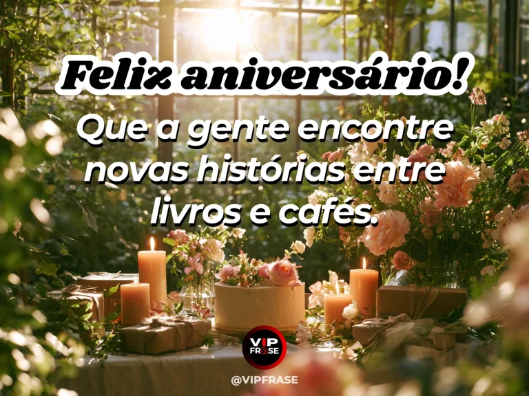 Mensagem de aniversário para namorada sobre um passeio pela sua livraria favorita, com stylish sunlit bookstore cafe with stacked books roses and two cappuccinos.