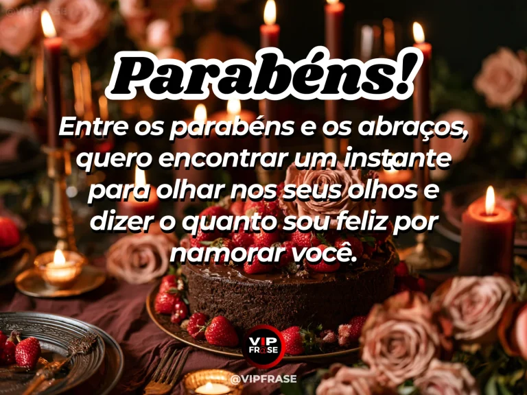 Mensagem de aniversário para namorada sobre uma comemoração para olhar nos seus olhos, com romantic elegant birthday candlelit terrace with roses and small refined cake at dusk.