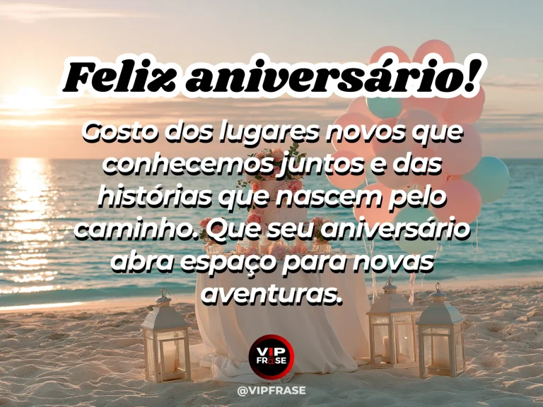 Mensagem de aniversário para namorada sobre uma mensagem para minha companhia de aventuras, com lovely coastal scenic birthday picnic table with blue sea and pink pastel flowers.