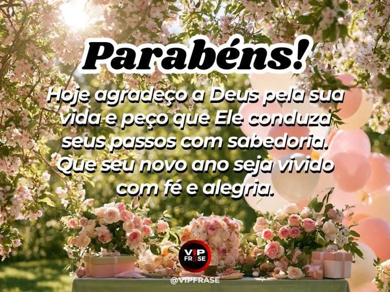Mensagem de aniversário para namorada sobre uma oração de gratidão pela sua vida, com luminous sunbeam over flower filled peaceful garden birthday table blue sky no symbols.