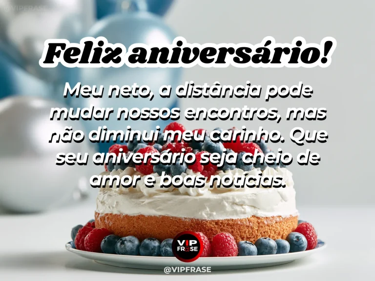 Arte de aniversário para neto sobre o amor dos avós que atravessa a distância, mostrando bolo branco com frutas vermelhas e balões azulados.