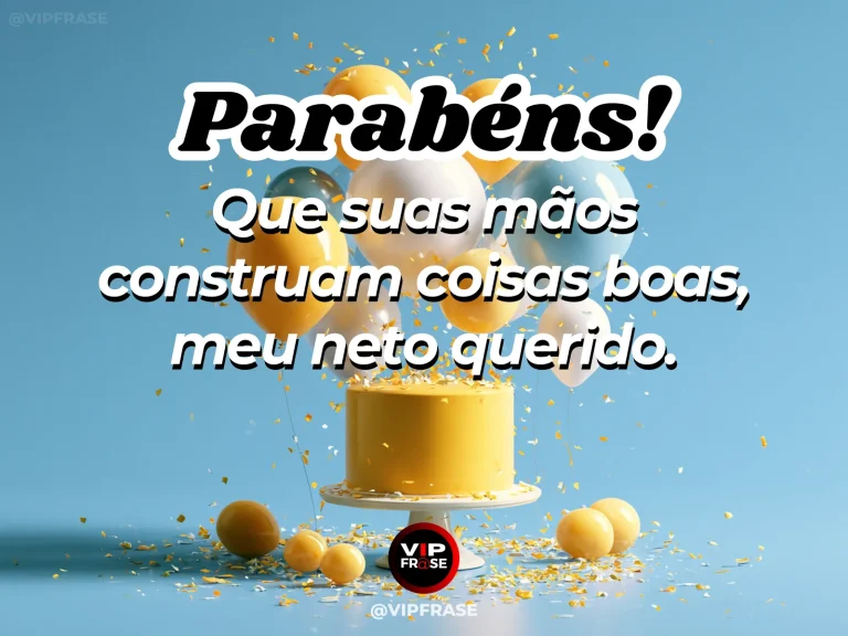 Mensagem de aniversário para neto sobre sucesso, em cenário festivo com cores vivas e detalhes de celebração.