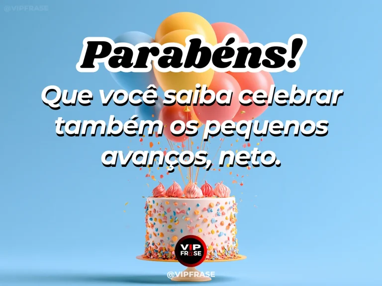 Mensagem de aniversário para neto sobre sucesso, em cenário festivo com cores vivas e detalhes de celebração.