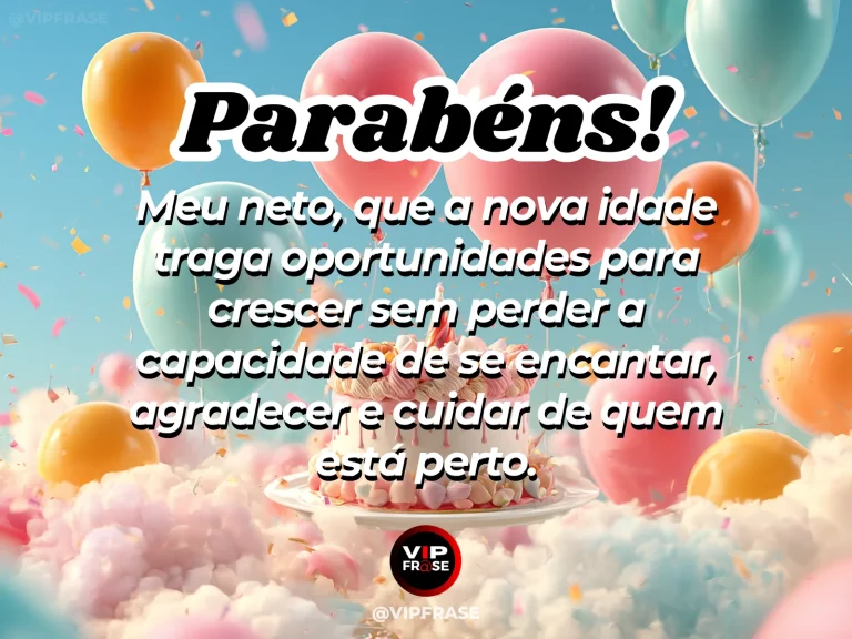 Arte de aniversário para neto sobre crescer sem perder a capacidade de se encantar, mostrando bolo claro entre nuvens rosadas e balões pastel.
