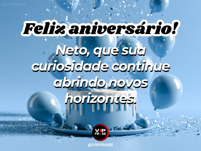 Arte de aniversário para neto sobre curiosidade que abre novos horizontes para o neto, mostrando bolo azul-claro com balões azuis e confetes prateados.