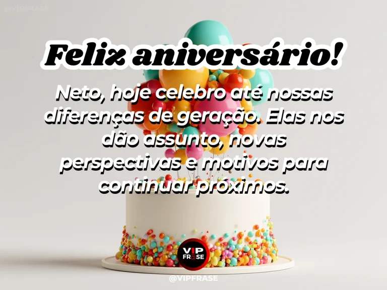 Imagem de aniversário para neto sobre diferenças de geração que aproximam avós e neto, mostrando bolo de confeitos coloridos diante de balões pastel.