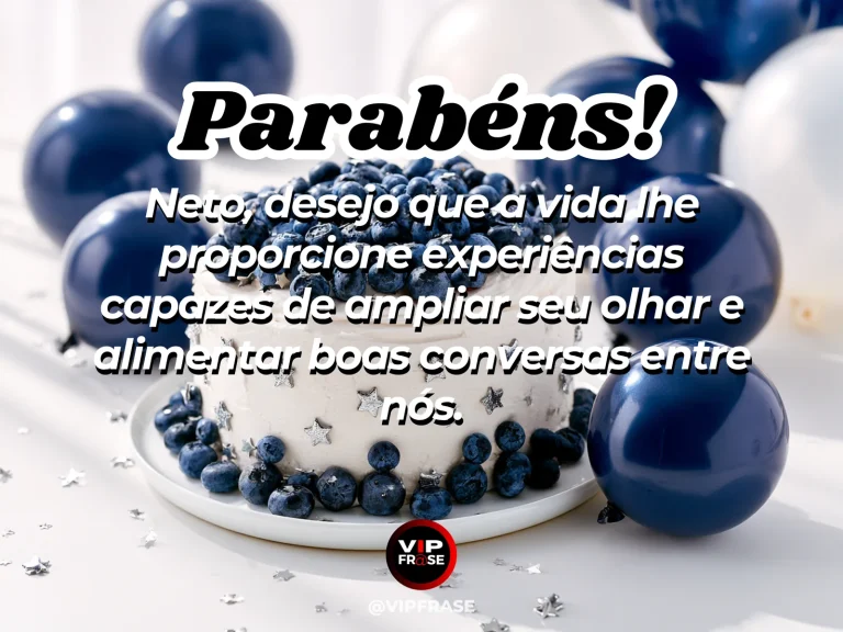 Mensagem de aniversário para neto sobre sabedoria, em cenário festivo com cores vivas e detalhes de celebração.