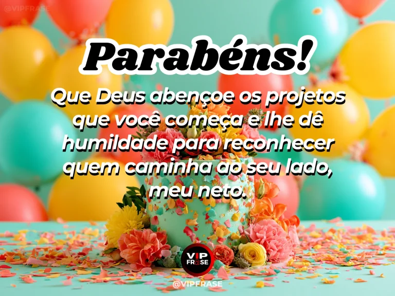 Mensagem de aniversário para neto sobre sabedoria, em cenário festivo com cores vivas e detalhes de celebração.