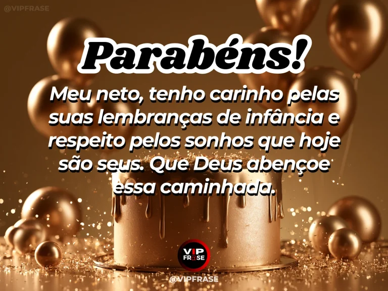 Arte de aniversário para neto sobre lembranças da infância e os sonhos do neto adulto, mostrando bolo dourado com balões metálicos e pontos de luz.