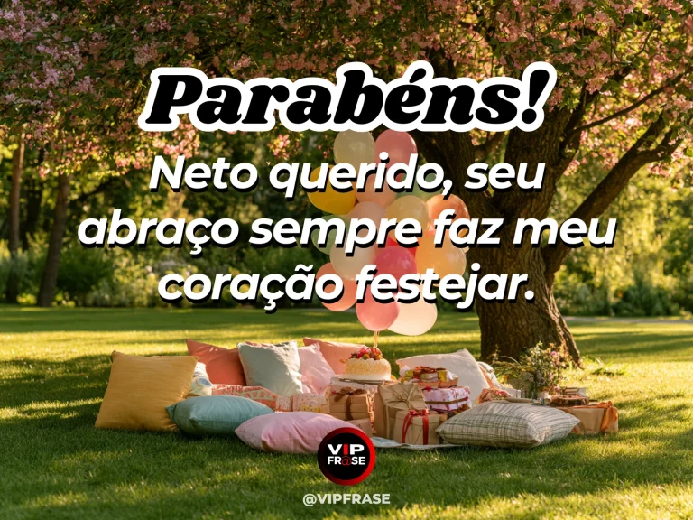 Mensagem de aniversário para neto sobre o carinho do abraço do neto, com composição de piquenique sob uma árvore, com almofadas, presentes e balões rosados.