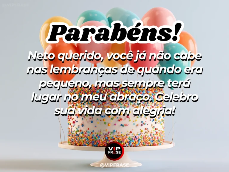 Arte de aniversário para neto sobre o abraço dos avós que acompanha o neto adulto, mostrando bolo branco com confeitos e balões pastel.