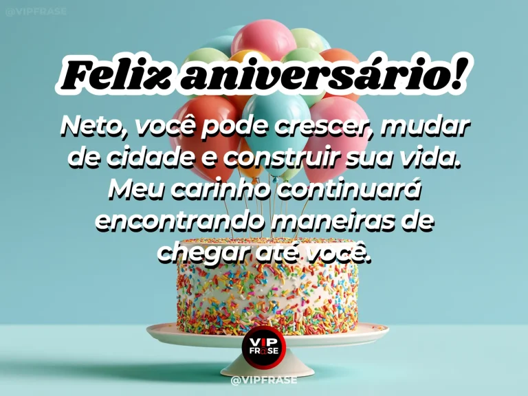 Imagem de aniversário para neto sobre carinho que permanece mesmo quando o neto mora em outra cidade, mostrando bolo com confeitos coloridos sobre fundo verde-água.