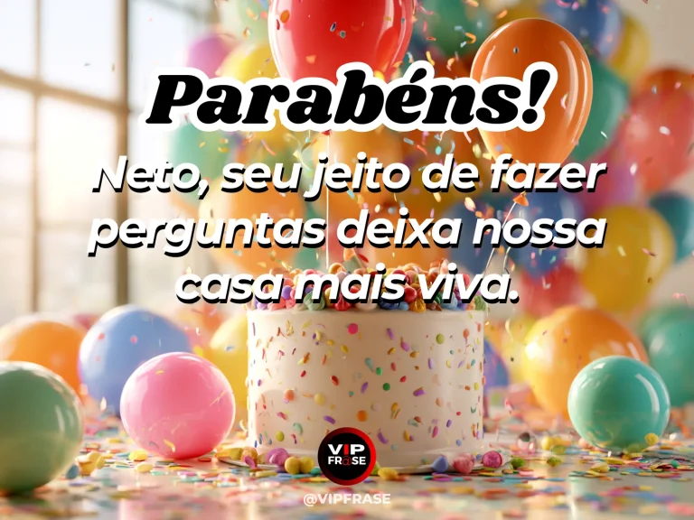 Mensagem de aniversário para neto sobre familia, em cenário festivo com cores vivas e detalhes de celebração.