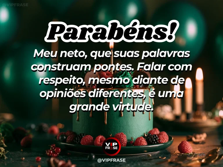 Mensagem de aniversário para neto sobre carinho, em cenário festivo com cores vivas e detalhes de celebração.
