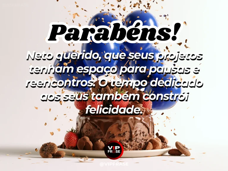 Arte de aniversário para neto sobre pausas e reencontros importantes na vida do neto, mostrando bolo de chocolate com frutas vermelhas e confetes.