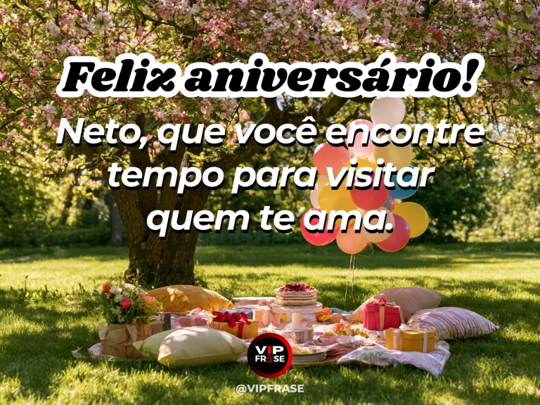 Imagem de aniversário para neto sobre encontrar tempo para visitar as pessoas queridas, mostrando piquenique com presentes, bolo e flores sob árvore florida.