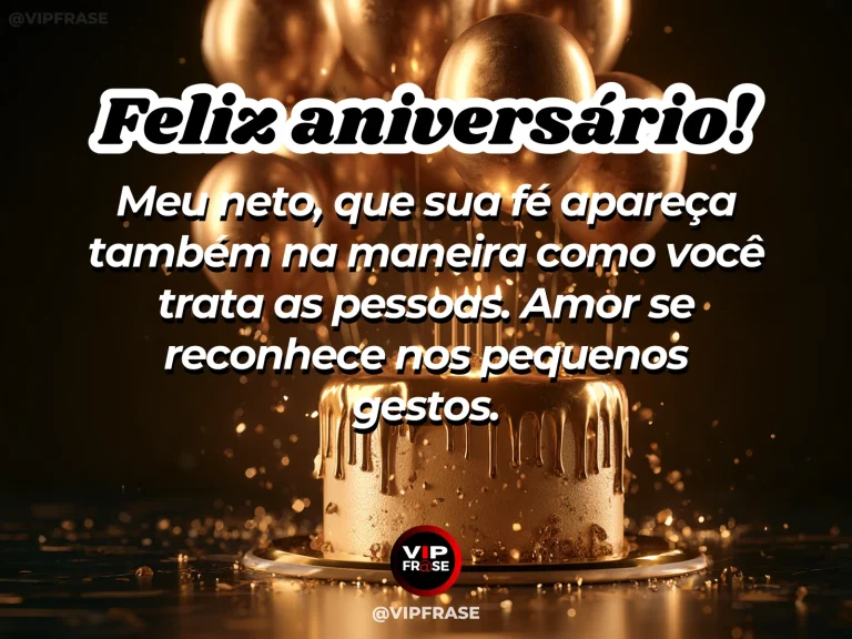 Imagem de aniversário para neto sobre expressar a fé por meio de pequenos gestos de amor, mostrando bolo de chocolate dourado em cenário de luzes quentes.