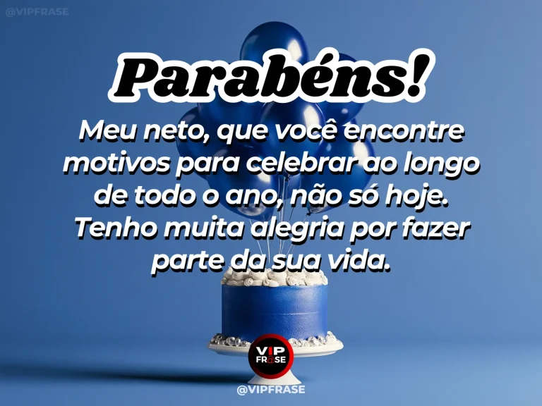 Arte de aniversário para neto sobre celebrar as conquistas do neto ao longo da vida, mostrando bolo azul pequeno com balões azul-escuros.