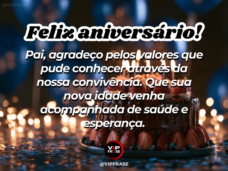 Mensagem de aniversário para pai sobre valores na convivência, com paisagem de jardim iluminado.