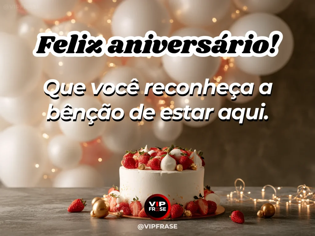 Mensagem de aniversário para WhatsApp sobre gratidão, com sunny blooming garden with simple birthday cake on natural wood table.