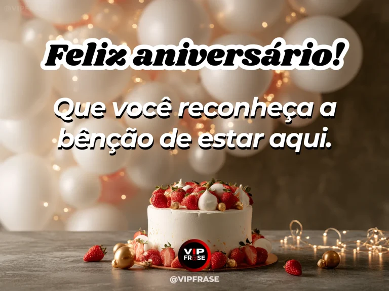 Mensagem de aniversário para WhatsApp sobre gratidão, com sunny blooming garden with simple birthday cake on natural wood table.