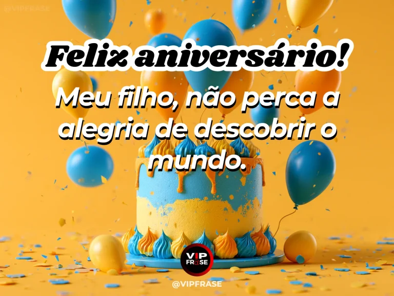 Mensagem de aniversário para filho sobre curiosidade e descoberta, em arte com bolo e decoração de festa