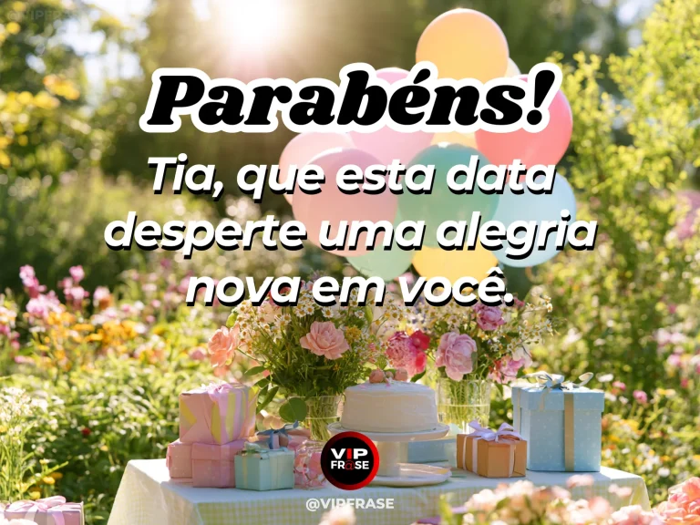 Mensagem de aniversário para tia sobre felicidade, com radiant birthday cake and pastel balloons in sunny garden.