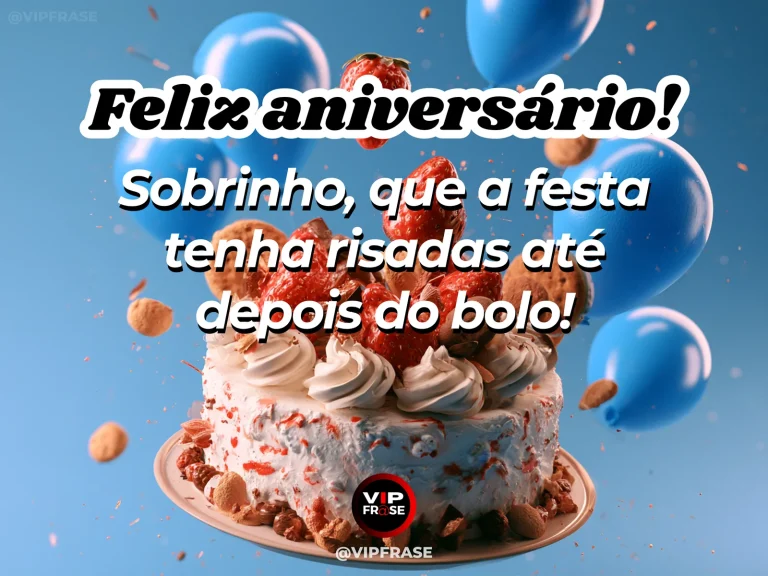 Mensagem de aniversário para sobrinho sobre felicidade, com festive cake and colorful streamers on a bright patio.