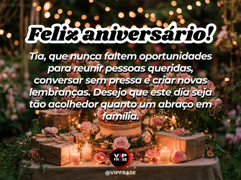 Mensagem de aniversário para tia sobre familia, com mesa posta para reunião de família ao ar livre sob flores.