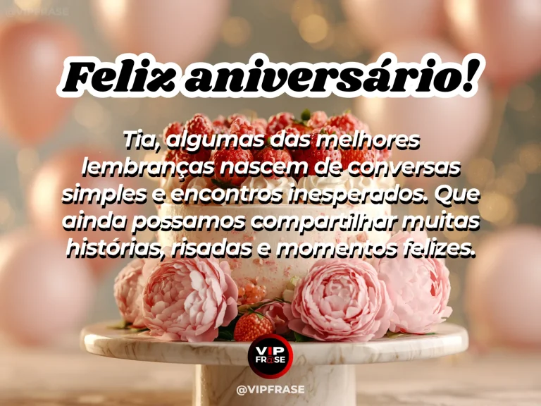 Mensagem de aniversário para tia sobre saudade, com mesa de café para duas pessoas sob árvore florida.
