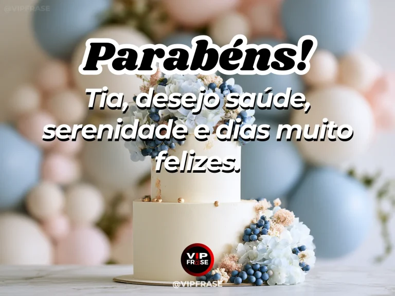 Mensagem de aniversário para tia sobre paz, com lago sereno azul em parque verde e flores delicadas.