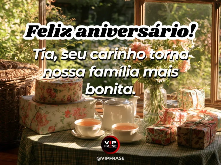 Mensagem de aniversário para tia sobre familia, com jardim de flores coloridas junto a uma casa acolhedora.