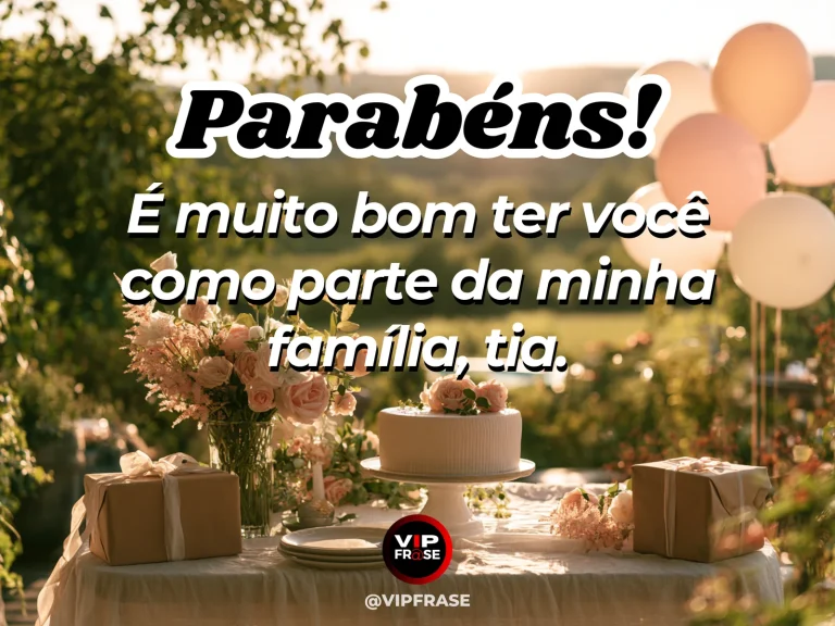 Mensagem de aniversário para tia sobre familia, com varanda familiar florida com cadeiras e luz dourada.