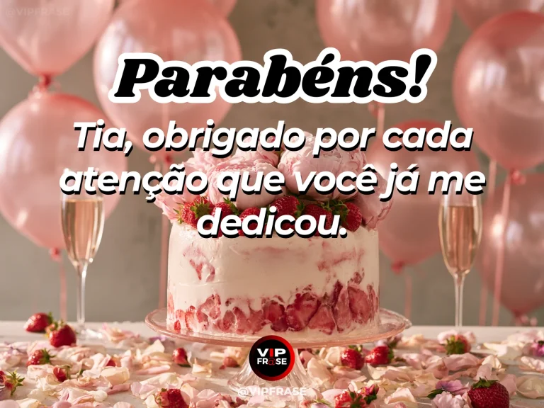 Mensagem de aniversário para tia sobre gratidao, com xícara de chá e ramo de flores sobre mesa em janela.