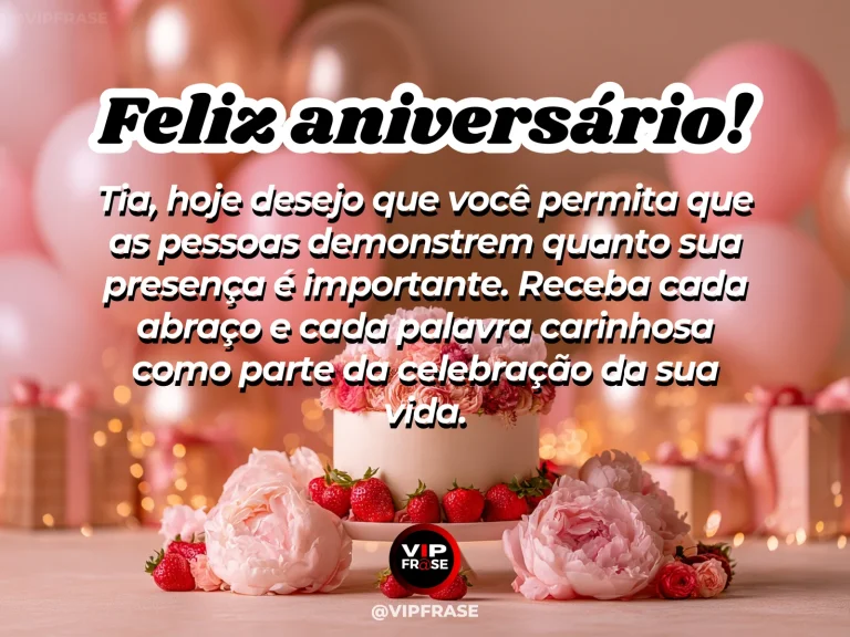 Mensagem de aniversário para tia sobre carinho, com mesa de presentes delicados com flores e fitas coloridas.
