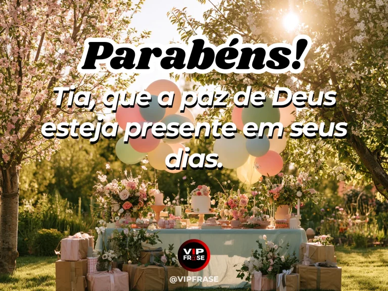 Mensagem de aniversário para tia sobre paz, com céu azul radiante sobre campo florido e lago cristalino.