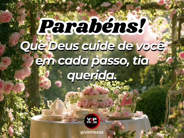 Mensagem de aniversário para tia sobre deus, com caminho de jardim luminoso entre flores e árvores viçosas.