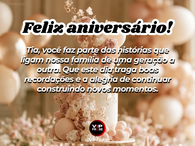 Mensagem de aniversário para tia sobre familia, com árvore de raízes fortes em quintal com flores coloridas.