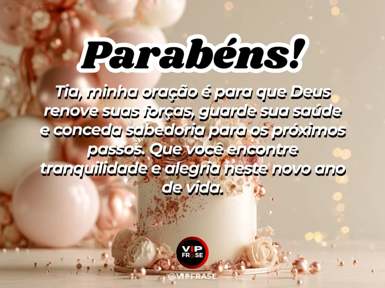 Mensagem de aniversário para tia sobre oracao, com paisagem de jardim iluminado sob céu azul com flores brancas e amarelas.