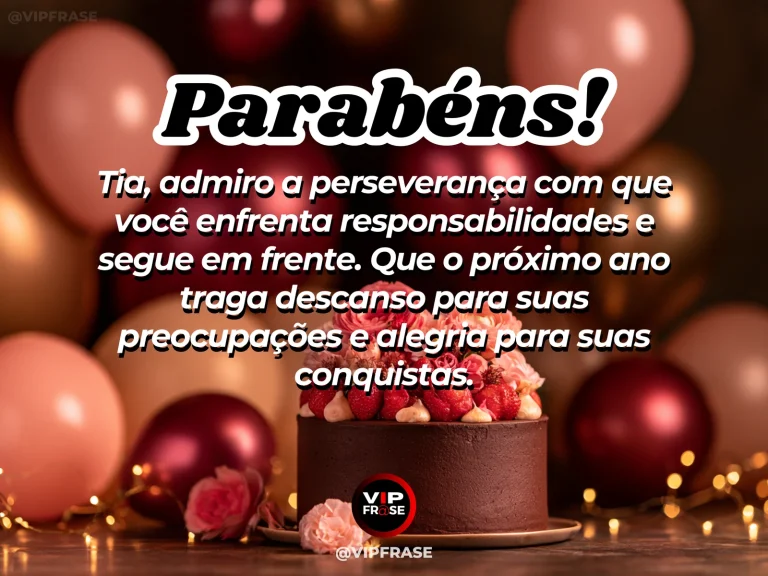 Mensagem de aniversário para tia sobre forca, com árvore florescida resistindo no alto de colina verde ao amanhecer.