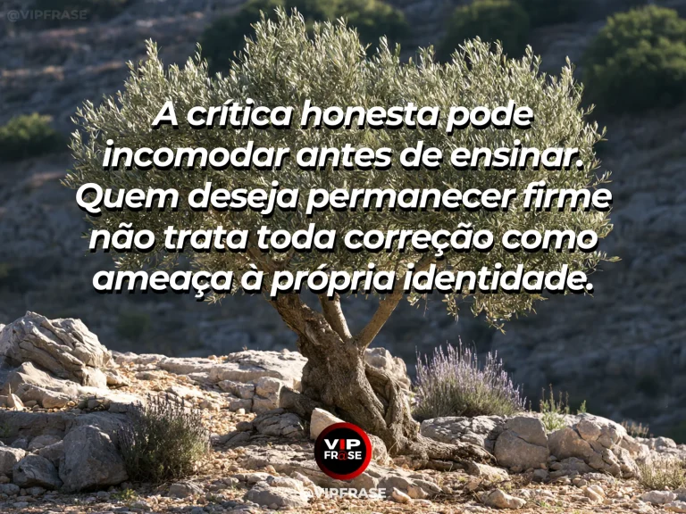 Frase de força sobre aprender a receber uma correção, ilustrada por um cedro com cicatrizes naturais em madeira cercado por vegetação florescente.