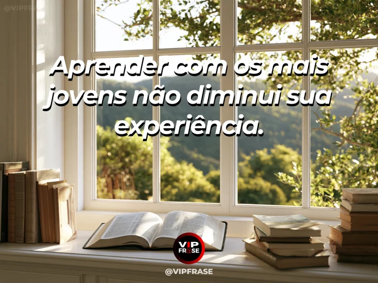 Mensagem de sabedoria sobre aprender entre gerações, com dois livros de tamanhos diferentes junto a plantas novas.
