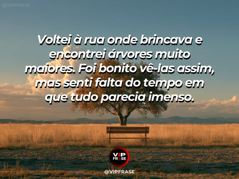 Mensagem sobre saudade, com rua tranquila com árvores altas, folhagem viva e sol no chão.