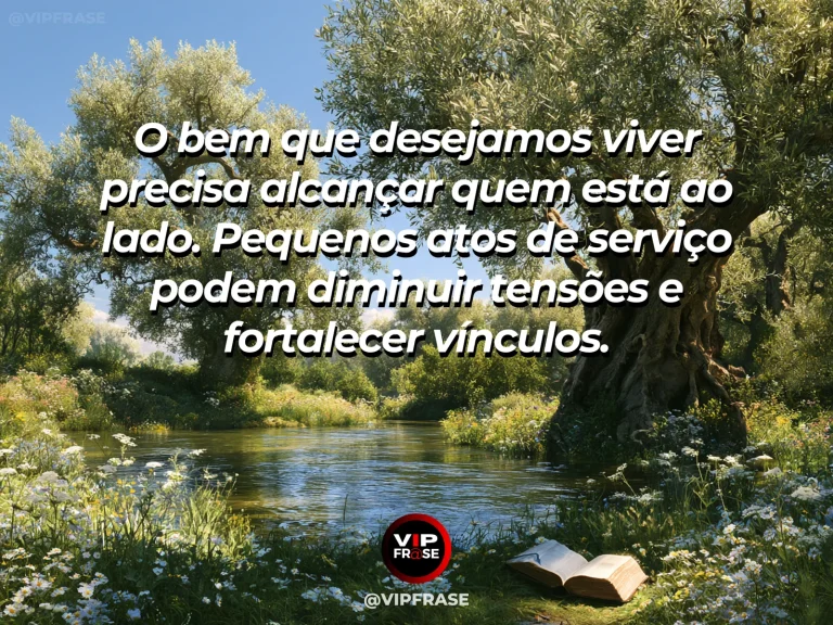 Arte com frase de paz sobre atos de serviço que promovem a paz, em cenário de pátio acolhedor com bancos e vasos de flores.