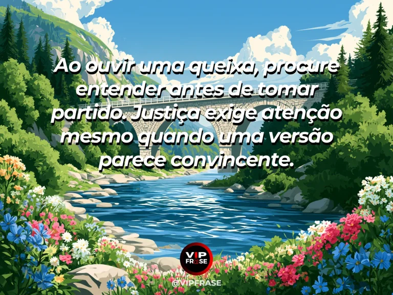 Mensagem de sabedoria sobre justiça antes de tomar partido, com duas passarelas convergindo para praça florida.